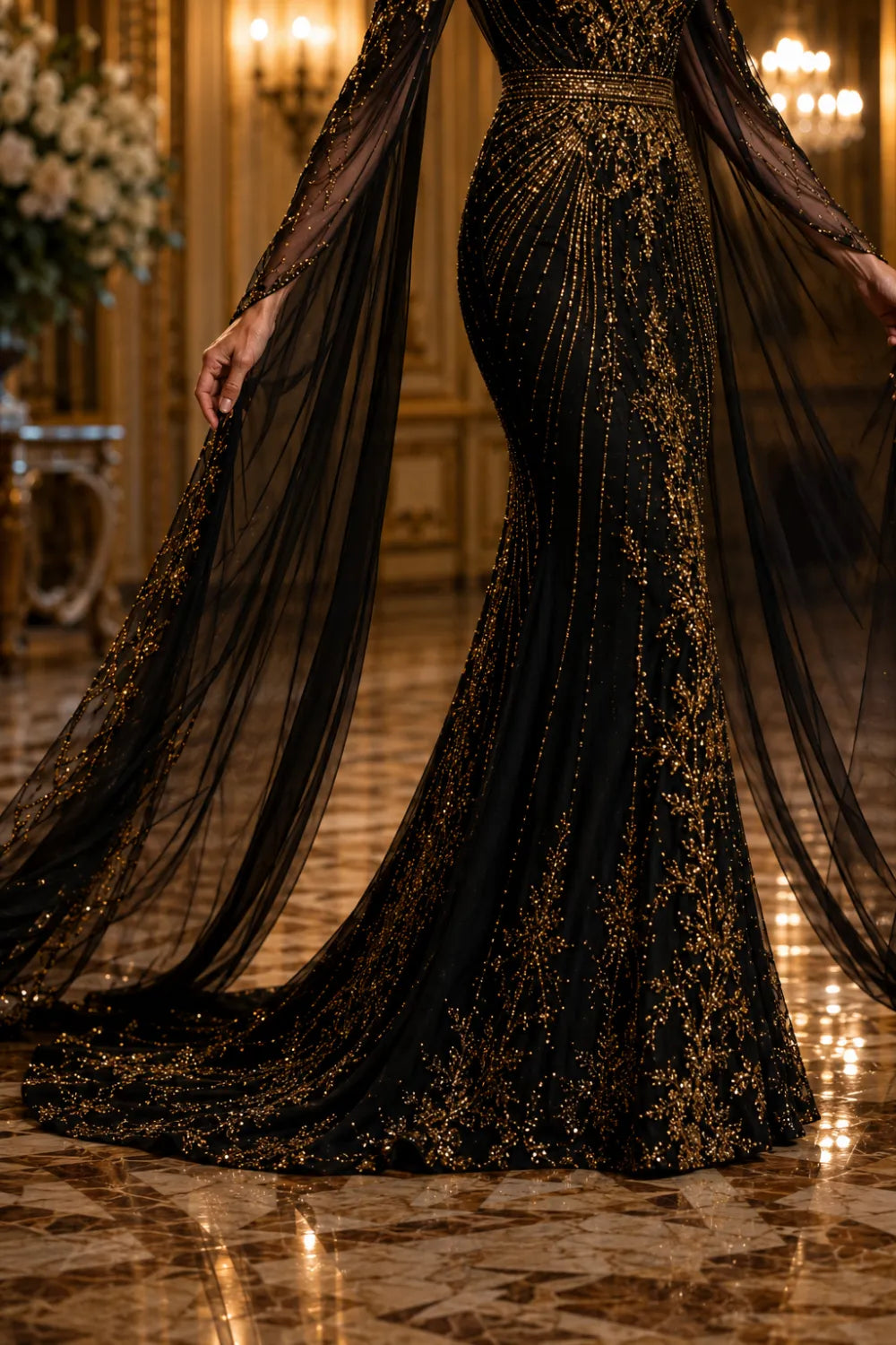 Luxury Black Evening Gown with Cape Hand Beaded Formal Dress