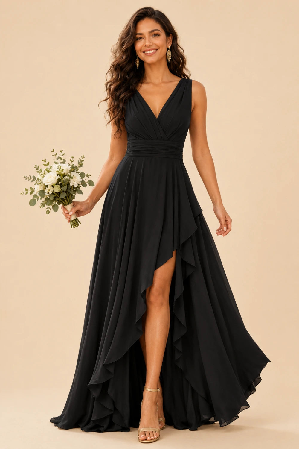 Ruffled High-Low Chiffon Bridesmaid Dress with Lace-Up Back