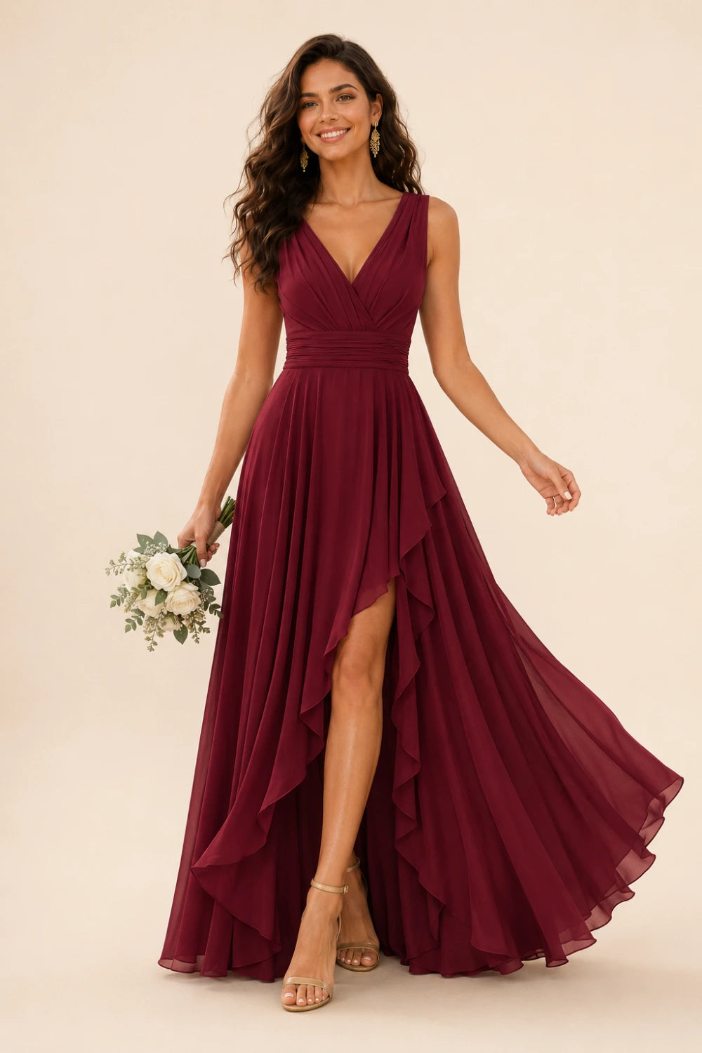 Ruffled High-Low Chiffon Bridesmaid Dress with Lace-Up Back