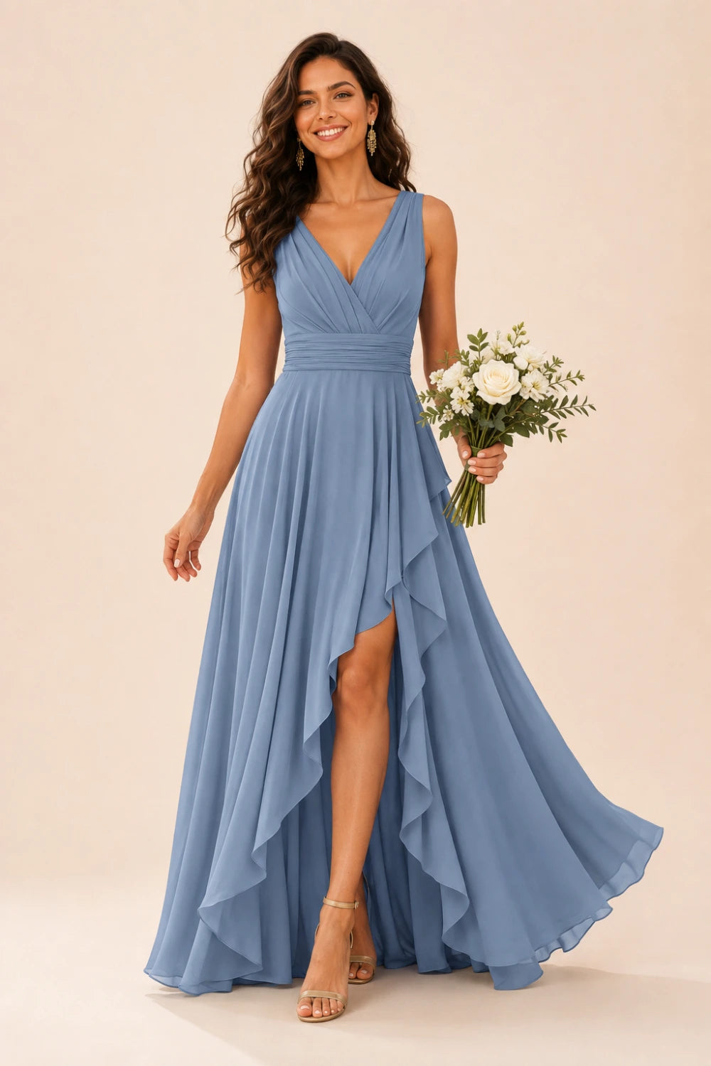 Ruffled High-Low Chiffon Bridesmaid Dress with Lace-Up Back