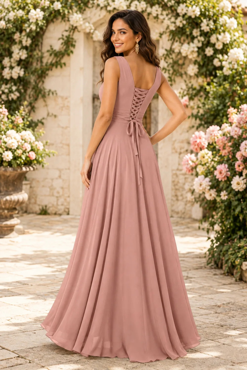 Ruffled High-Low Chiffon Bridesmaid Dress with Lace-Up Back