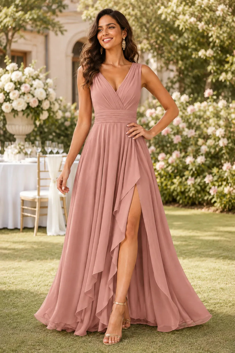 Ruffled High-Low Chiffon Bridesmaid Dress with Lace-Up Back