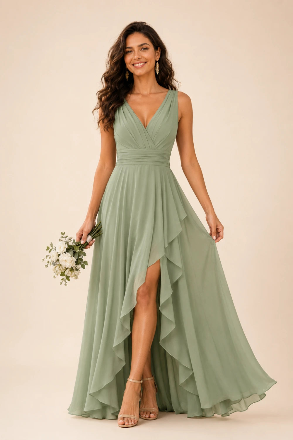 Ruffled High-Low Chiffon Bridesmaid Dress with Lace-Up Back