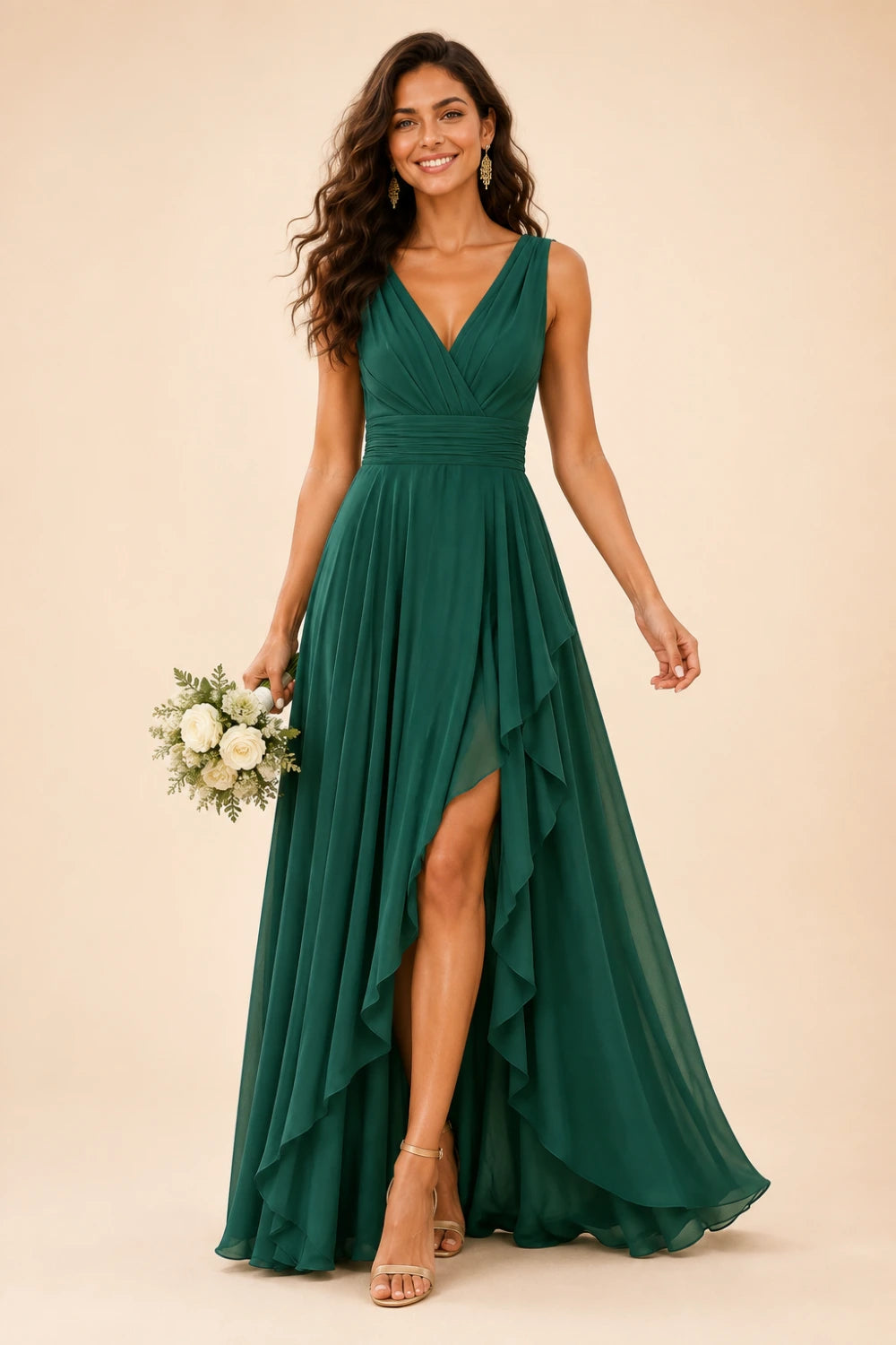 Ruffled High-Low Chiffon Bridesmaid Dress with Lace-Up Back