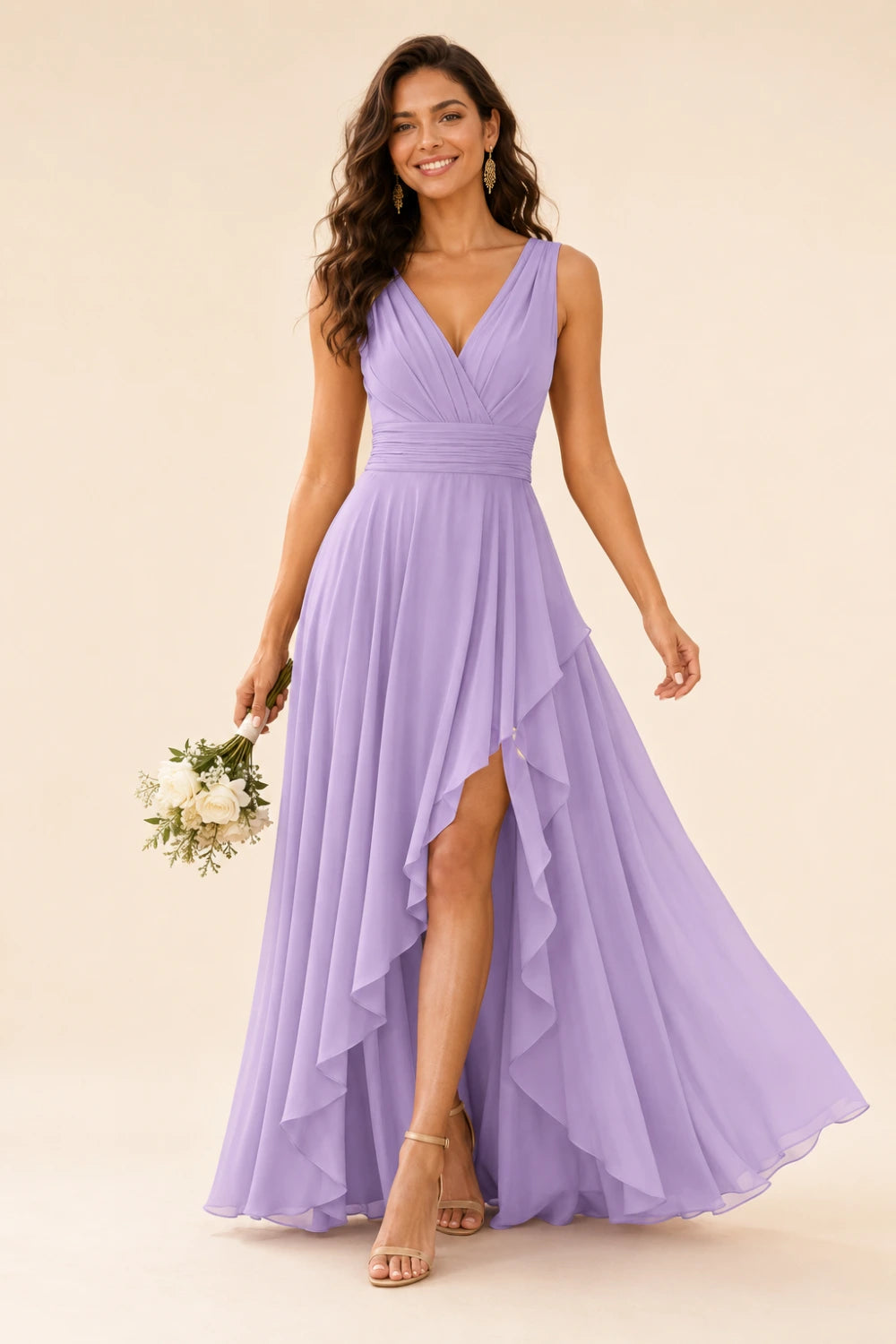 Ruffled High-Low Chiffon Bridesmaid Dress with Lace-Up Back