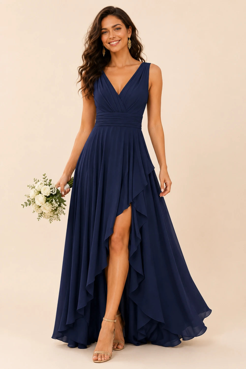 Ruffled High-Low Chiffon Bridesmaid Dress with Lace-Up Back
