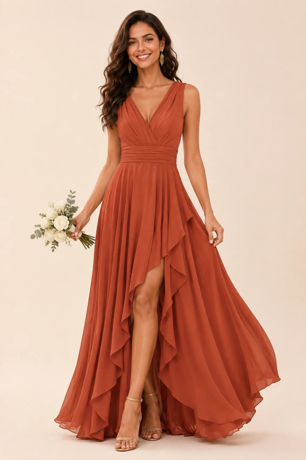 Ruffled High-Low Chiffon Bridesmaid Dress with Lace-Up Back