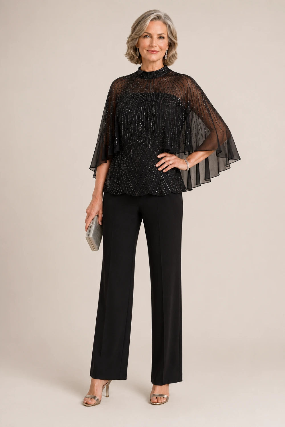 Sequin Mesh Capelet Pant Suit with High Neck