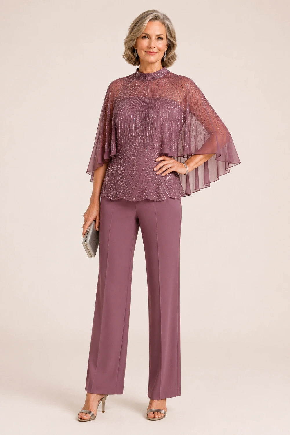 Sequin Mesh Capelet Pant Suit with High Neck