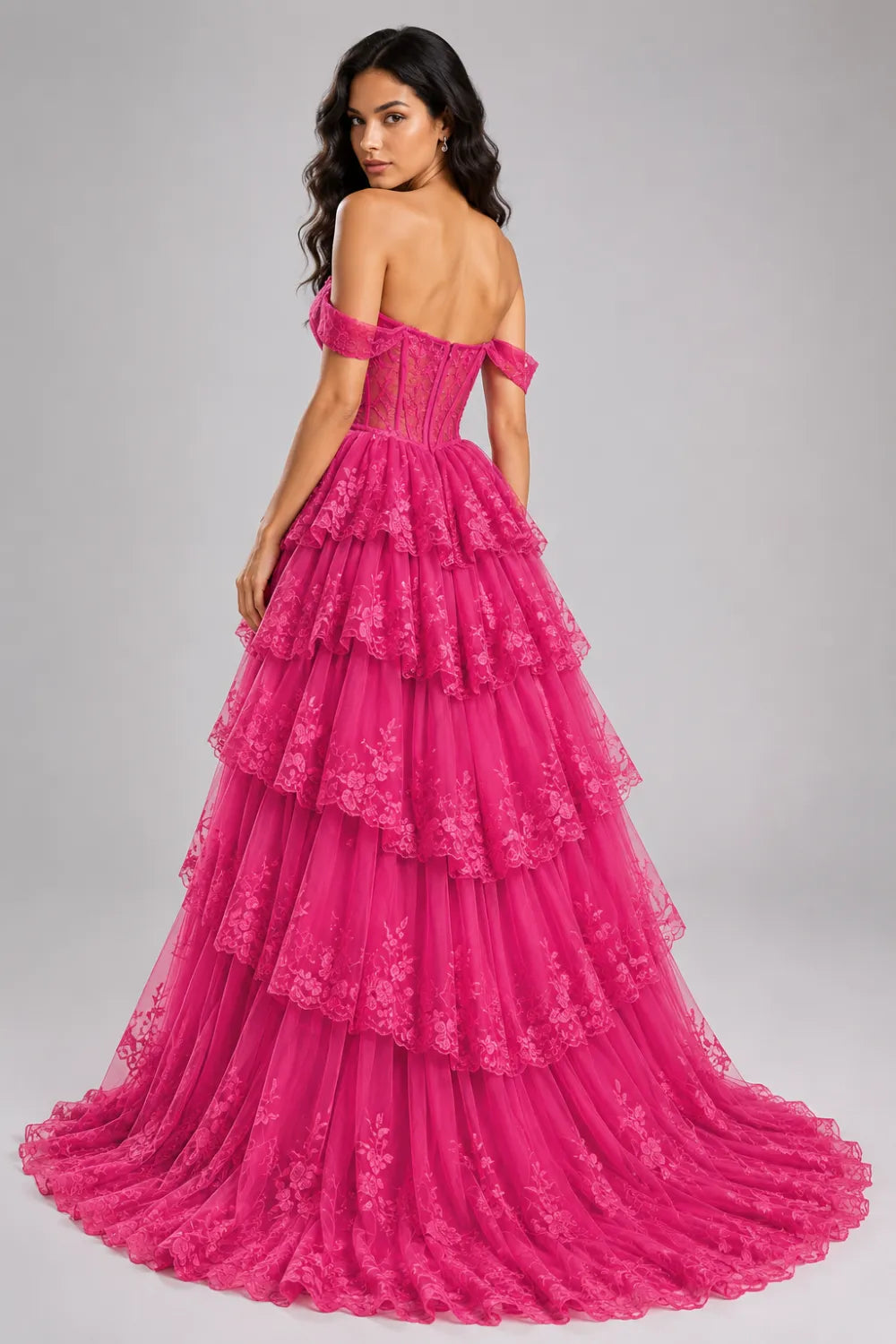 Off‑Shoulder Lace Corset Tiered Tulle Gown