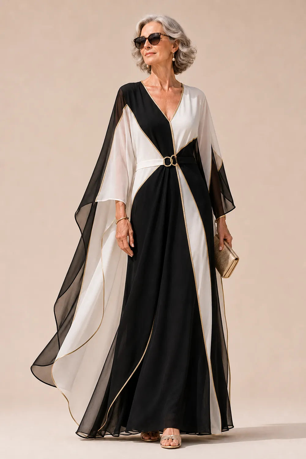 Luxury Colorblock Maxi Dress with Gold Trim