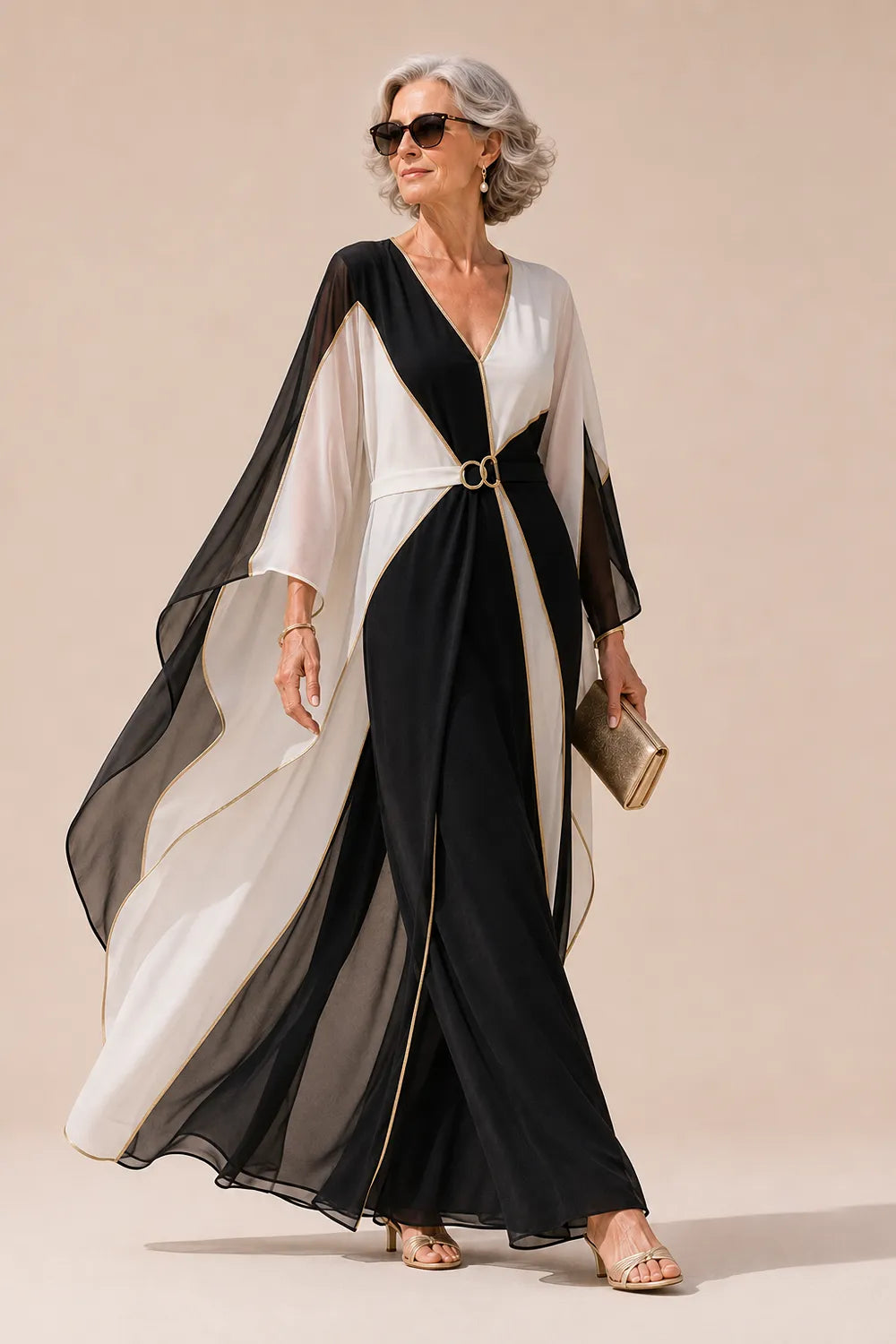 Luxury Colorblock Maxi Dress with Gold Trim