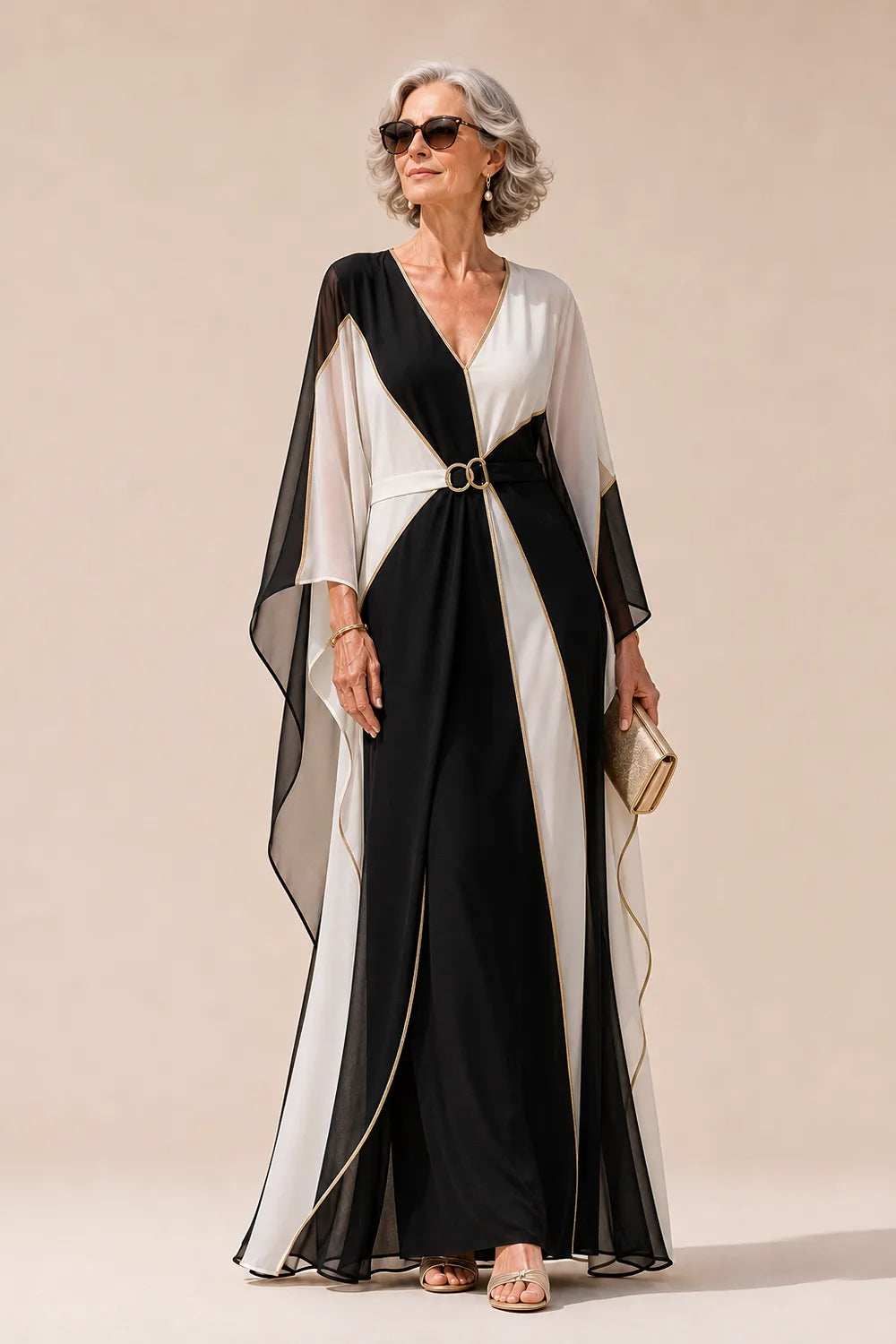 Luxury Colorblock Maxi Dress with Gold Trim