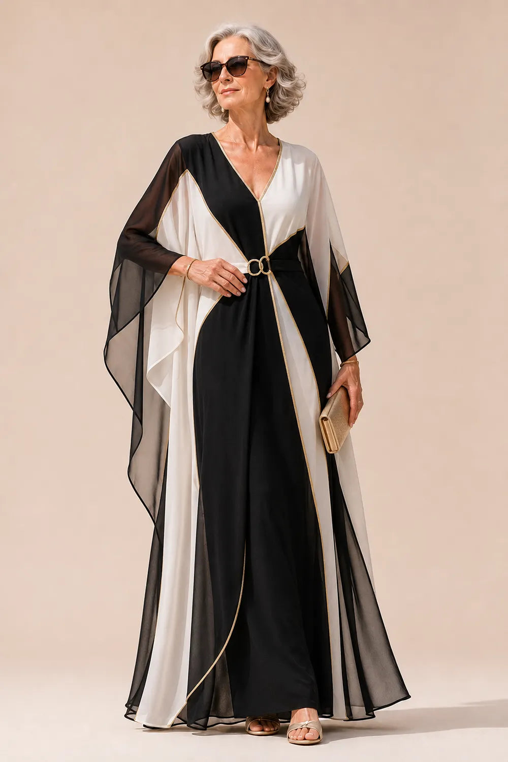 Luxury Colorblock Maxi Dress with Gold Trim