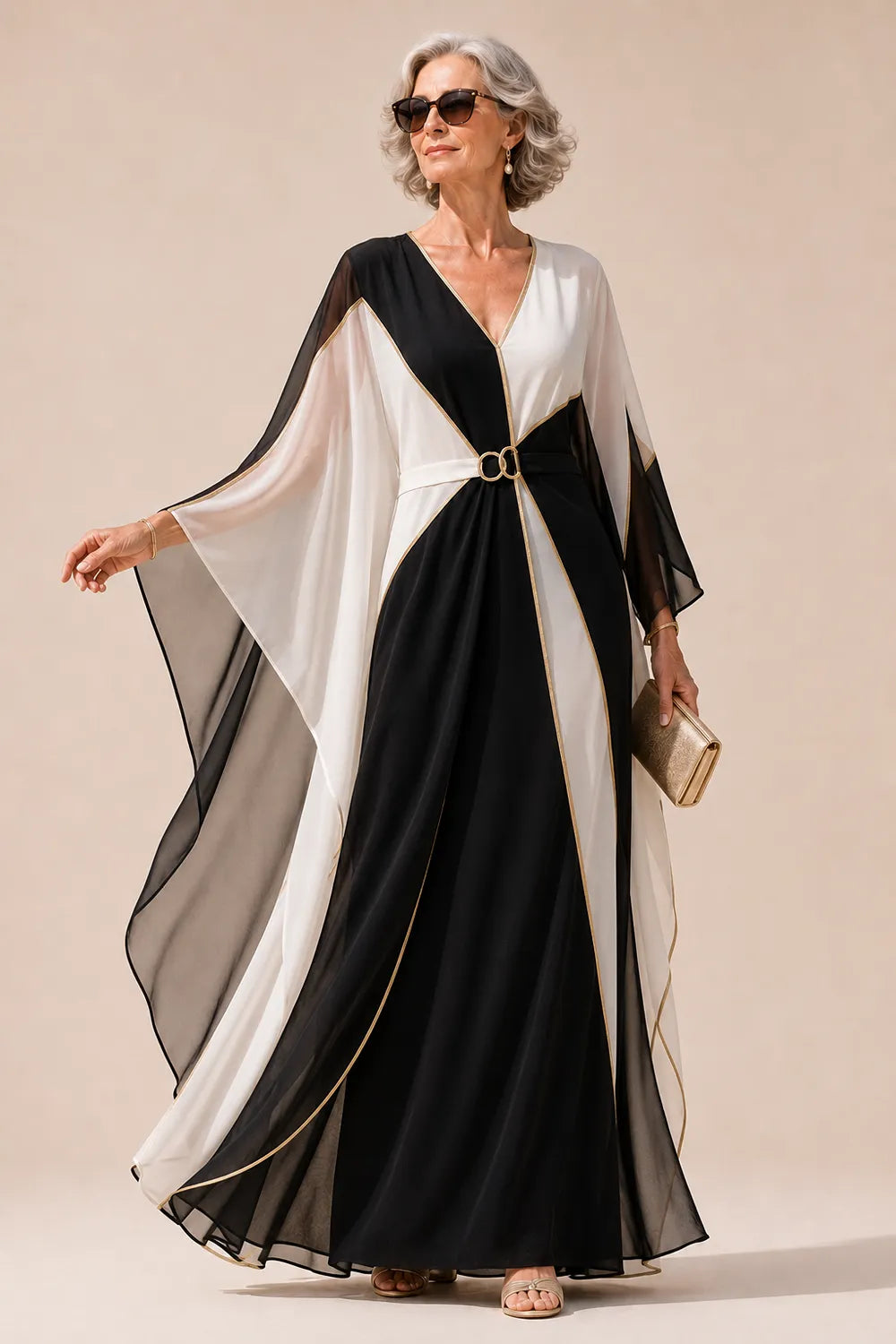 Luxury Colorblock Maxi Dress with Gold Trim