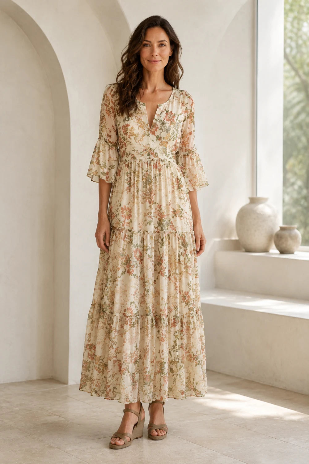 Ivory Botanical Tiered V-Neck Boho Chiffon Maxi Dress