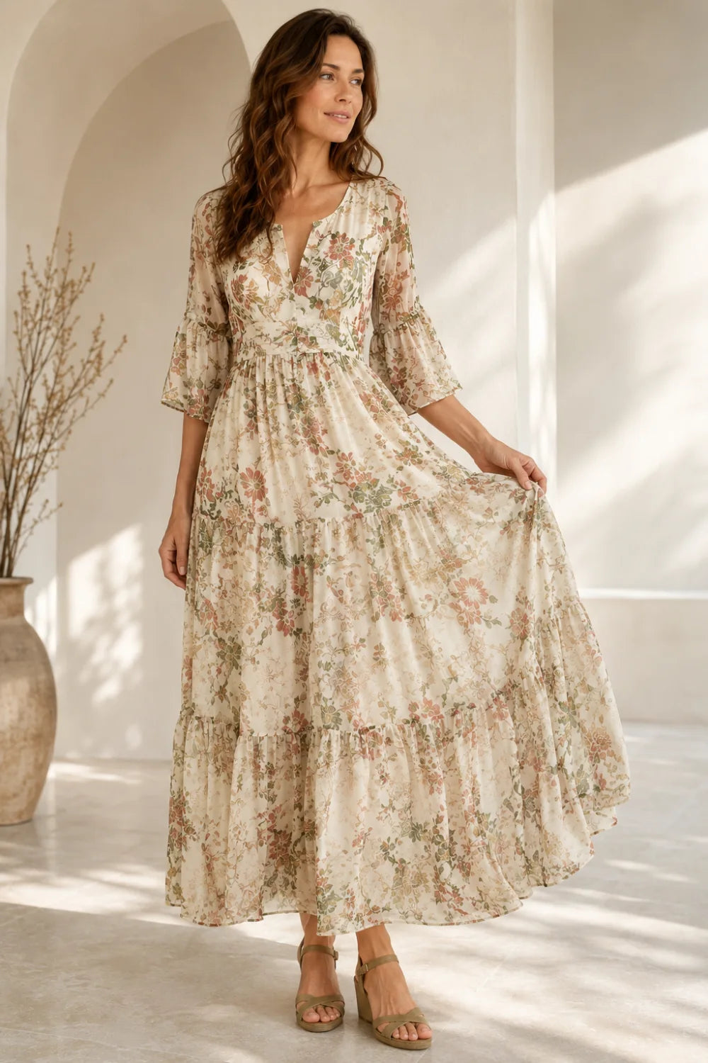 Ivory Botanical Tiered V-Neck Boho Chiffon Maxi Dress
