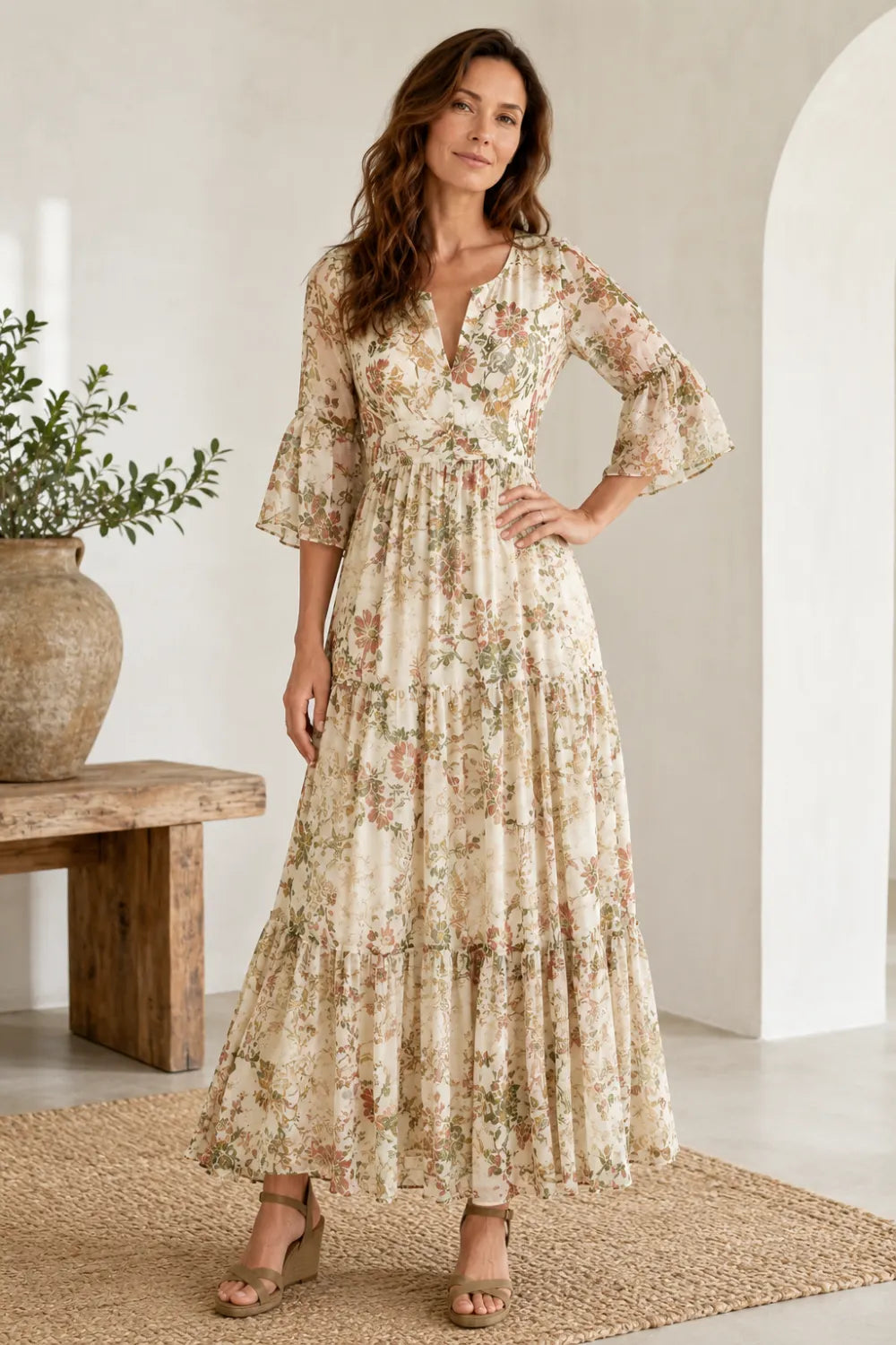Ivory Botanical Tiered V-Neck Boho Chiffon Maxi Dress