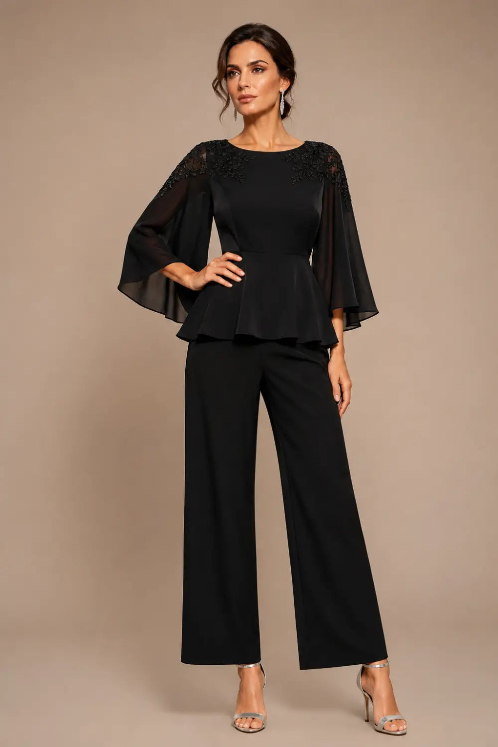 Lace Bodice Chiffon Capelet Pant Suit
