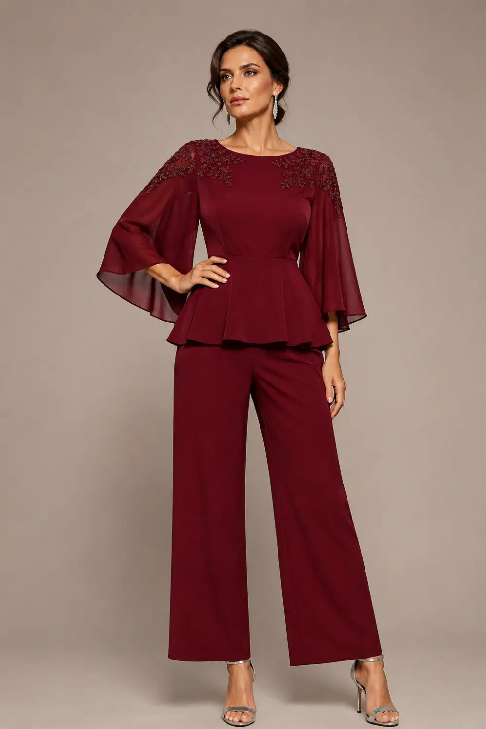 Lace Bodice Chiffon Capelet Pant Suit