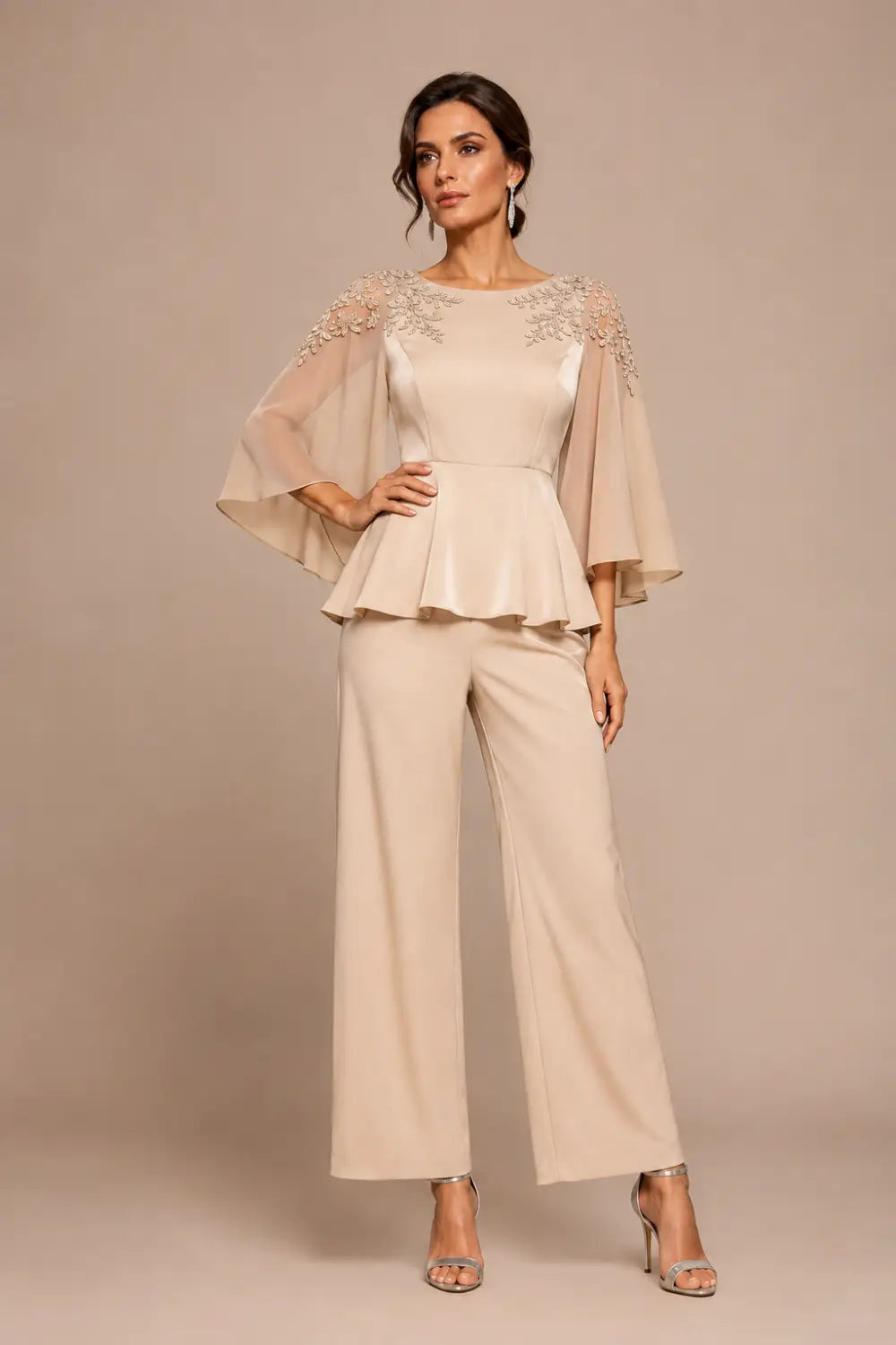 Lace Bodice Chiffon Capelet Pant Suit