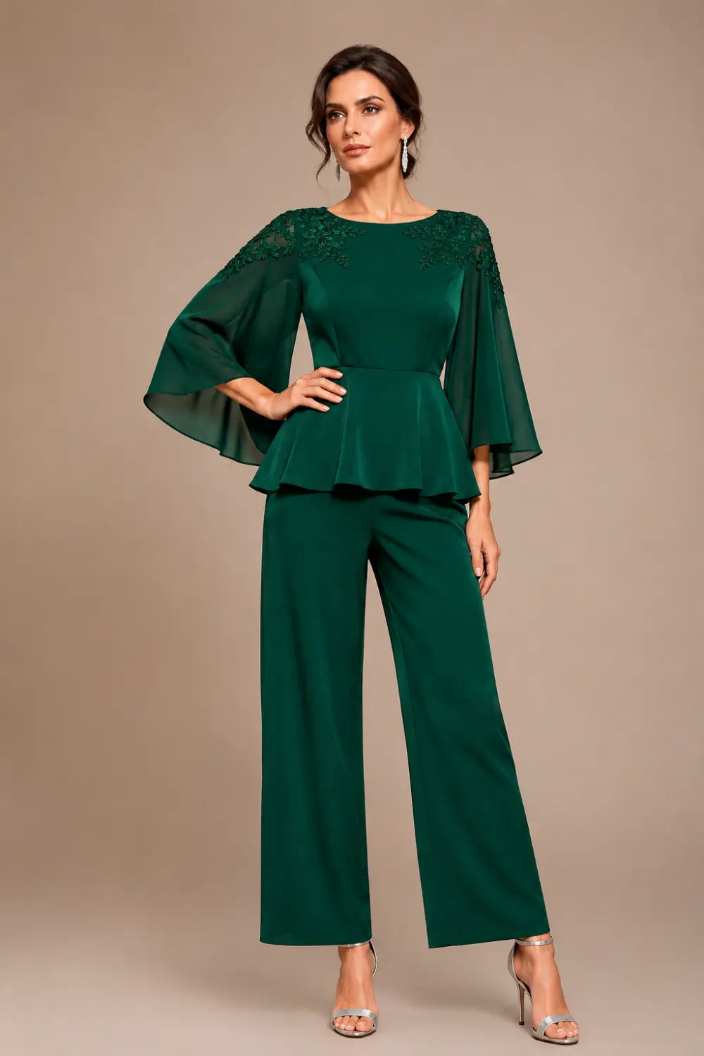Lace Bodice Chiffon Capelet Pant Suit