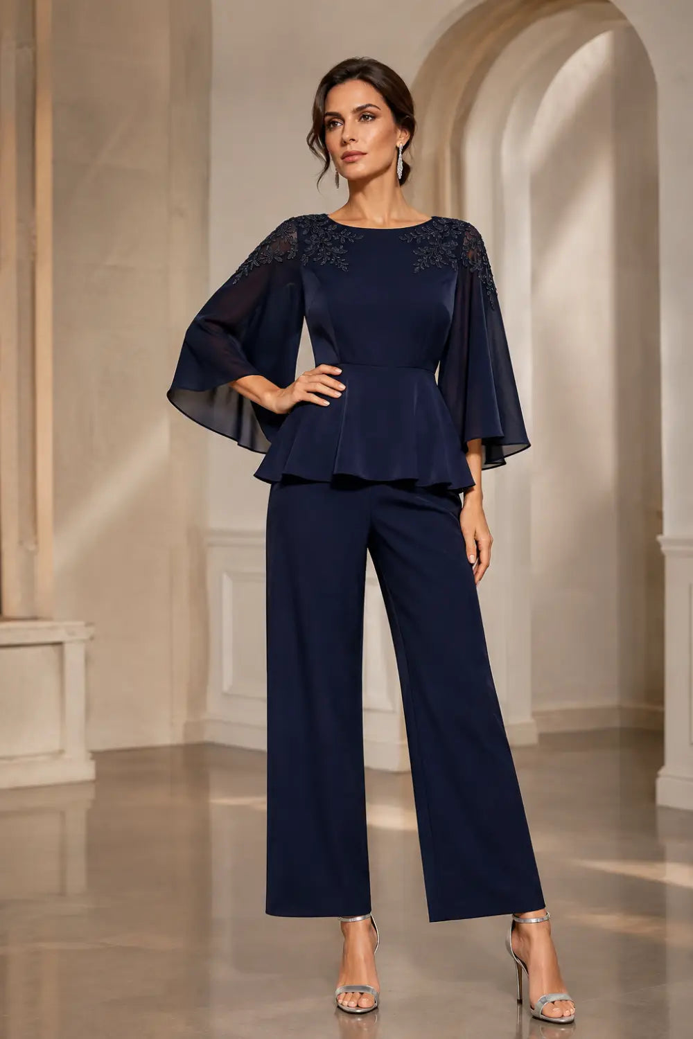 Lace Bodice Chiffon Capelet Pant Suit