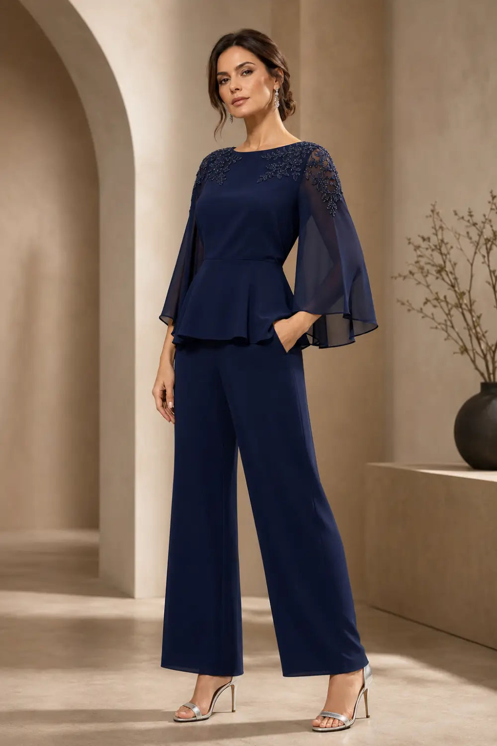 Lace Bodice Chiffon Capelet Pant Suit