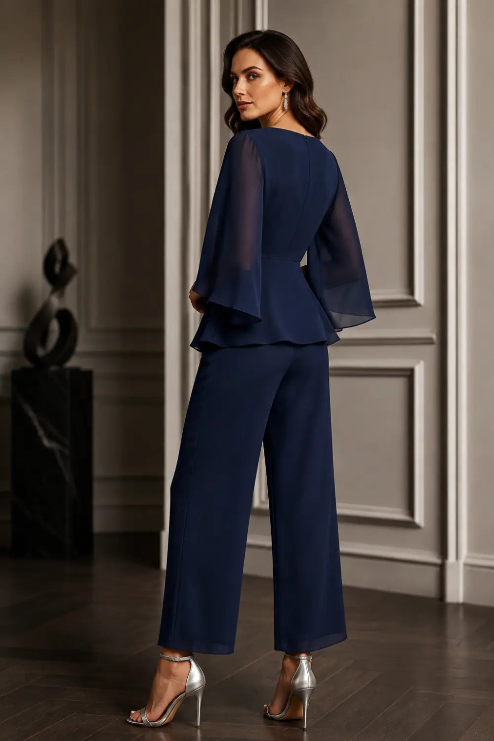 Lace Bodice Chiffon Capelet Pant Suit