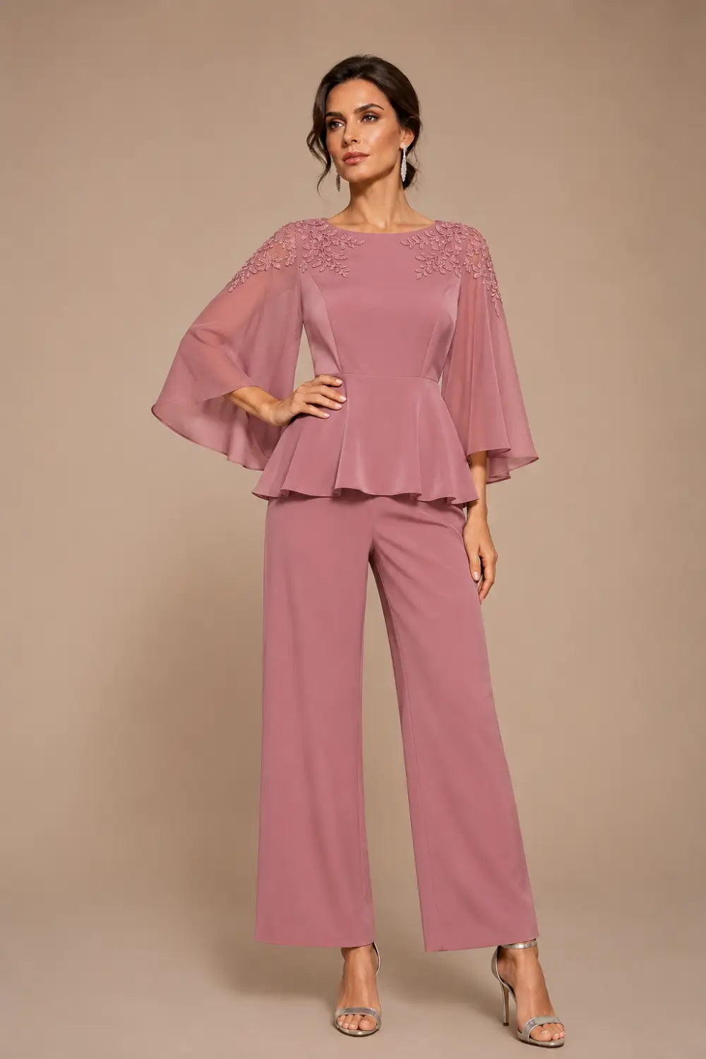 Lace Bodice Chiffon Capelet Pant Suit