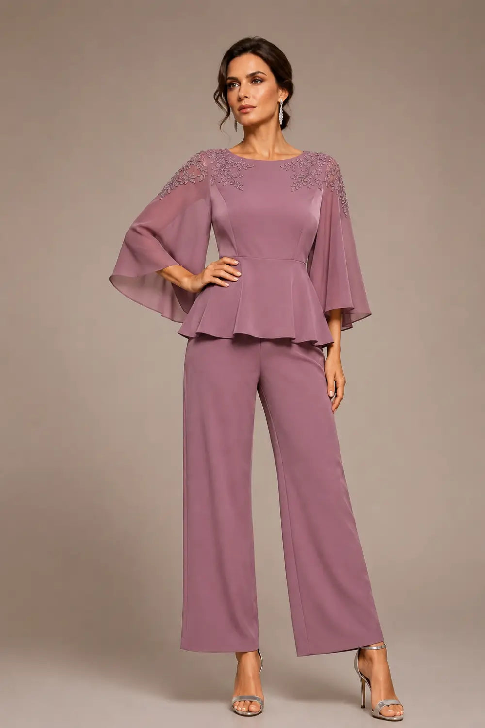 Lace Bodice Chiffon Capelet Pant Suit