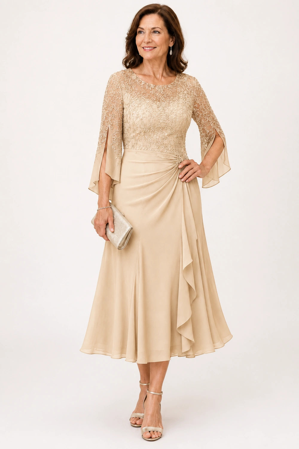 Lace Bodice Ruched-Waist Midi Dress with Ruffle Skirt