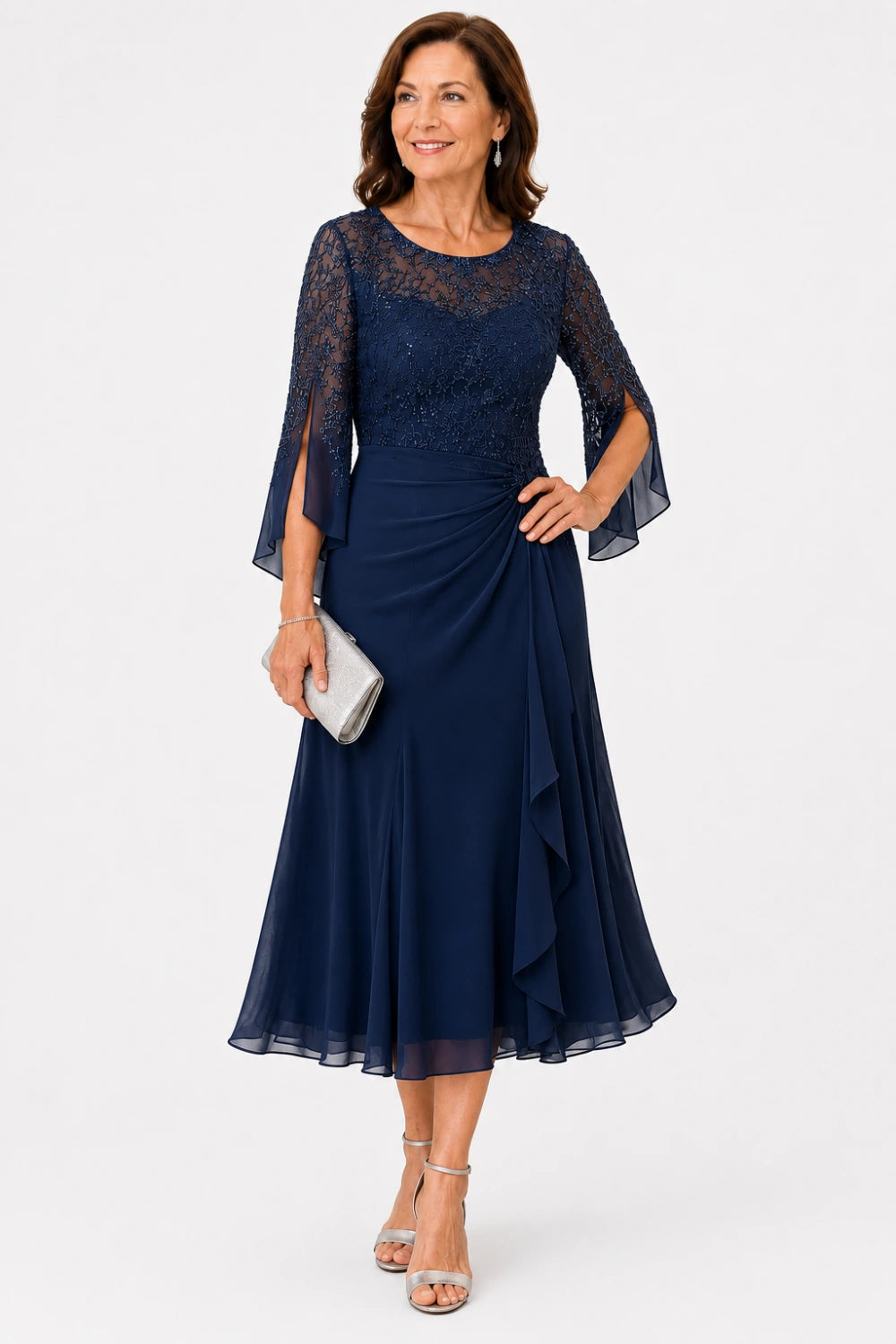 Lace Bodice Ruched-Waist Midi Dress with Ruffle Skirt