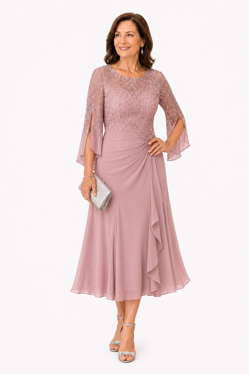 Lace Bodice Ruched-Waist Midi Dress with Ruffle Skirt