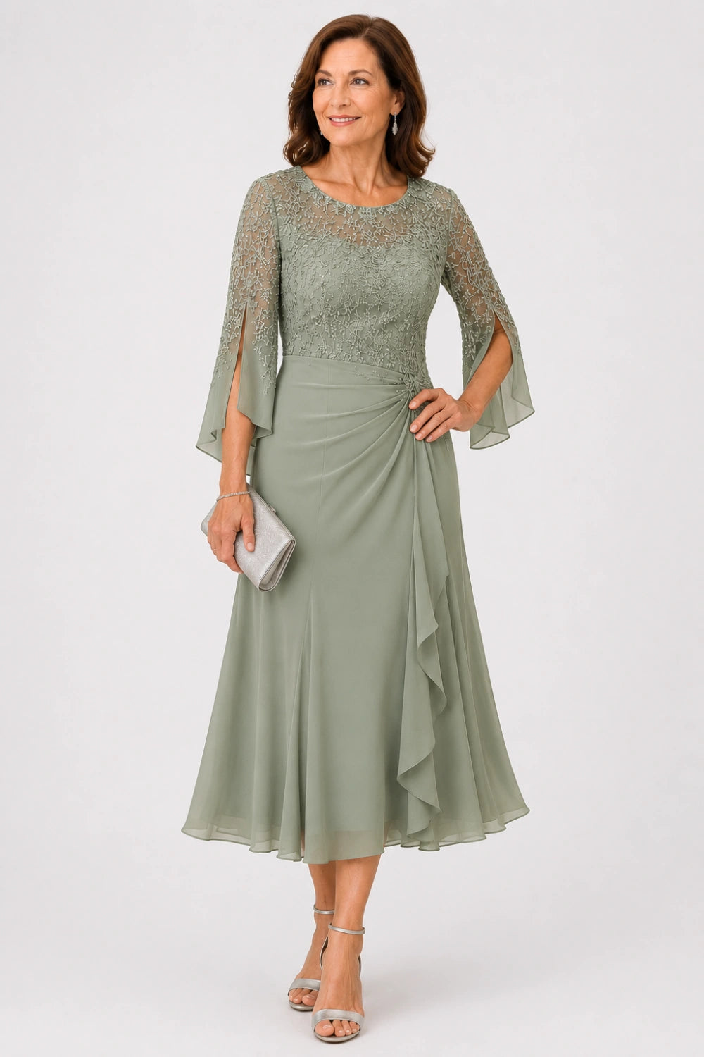 Lace Bodice Ruched-Waist Midi Dress with Ruffle Skirt