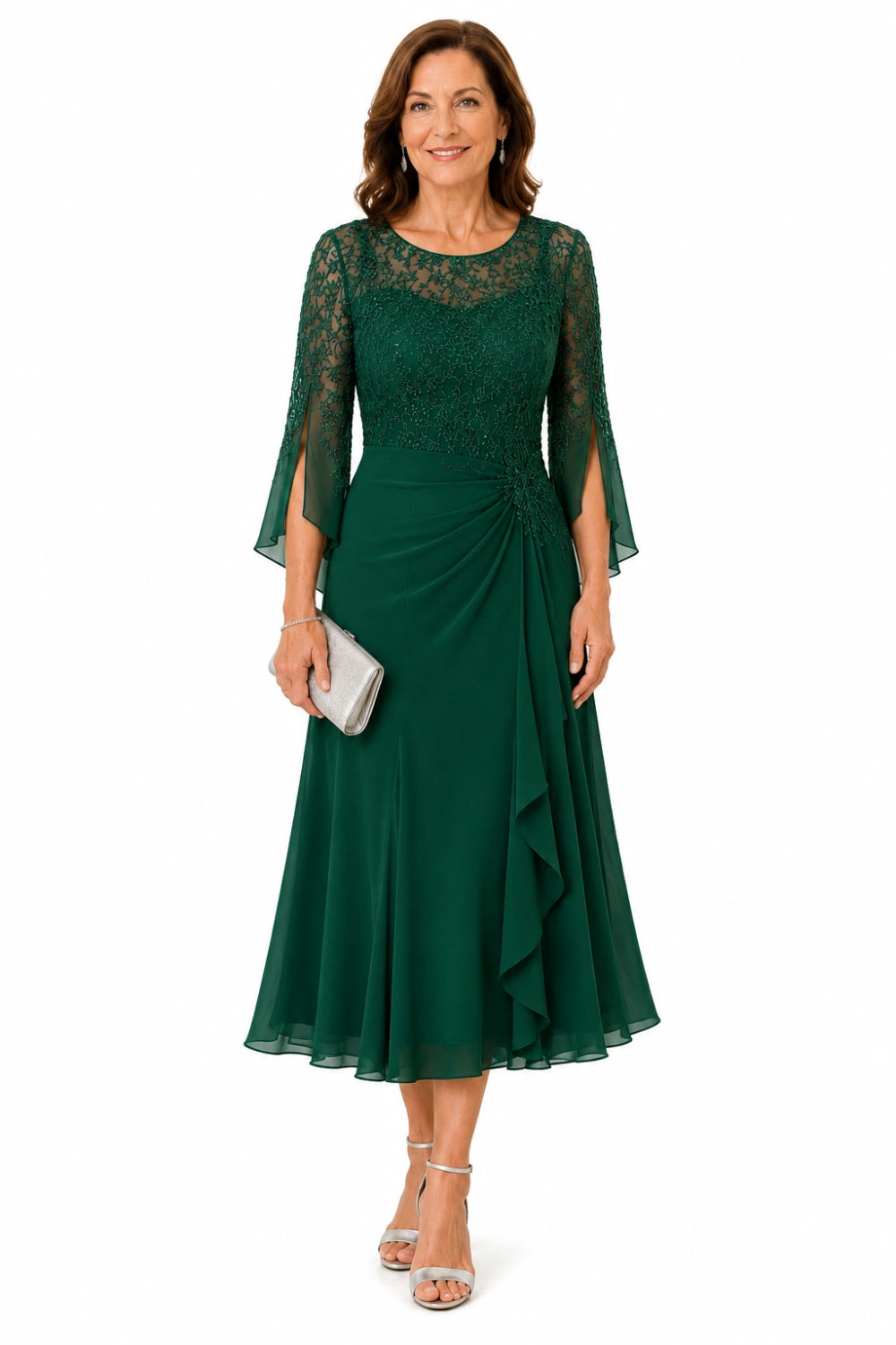 Lace Bodice Ruched-Waist Midi Dress with Ruffle Skirt