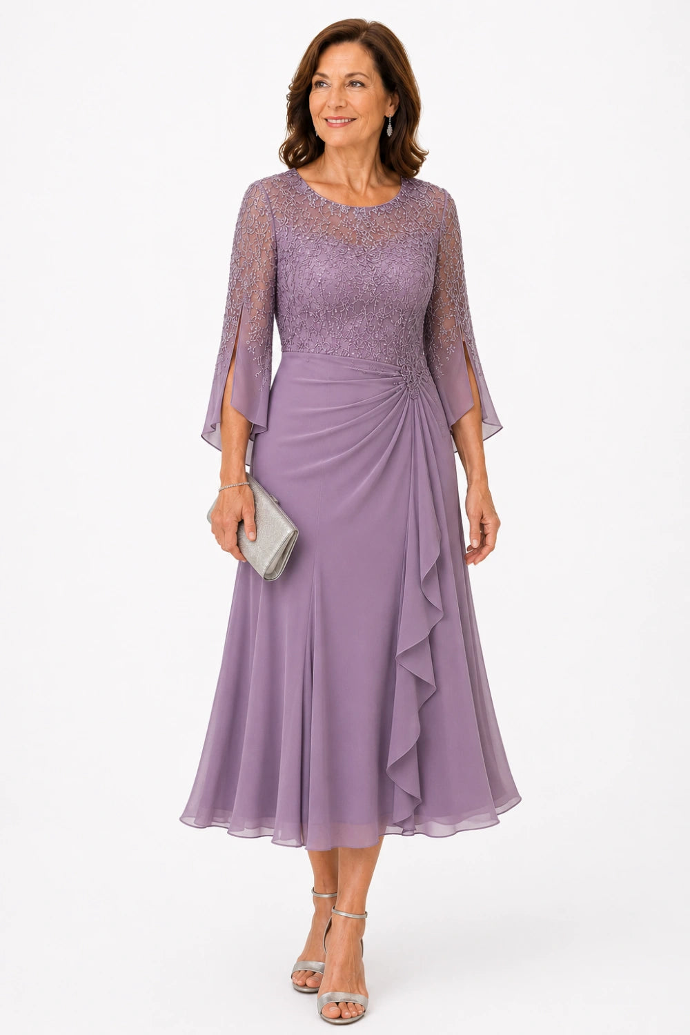 Lace Bodice Ruched-Waist Midi Dress with Ruffle Skirt