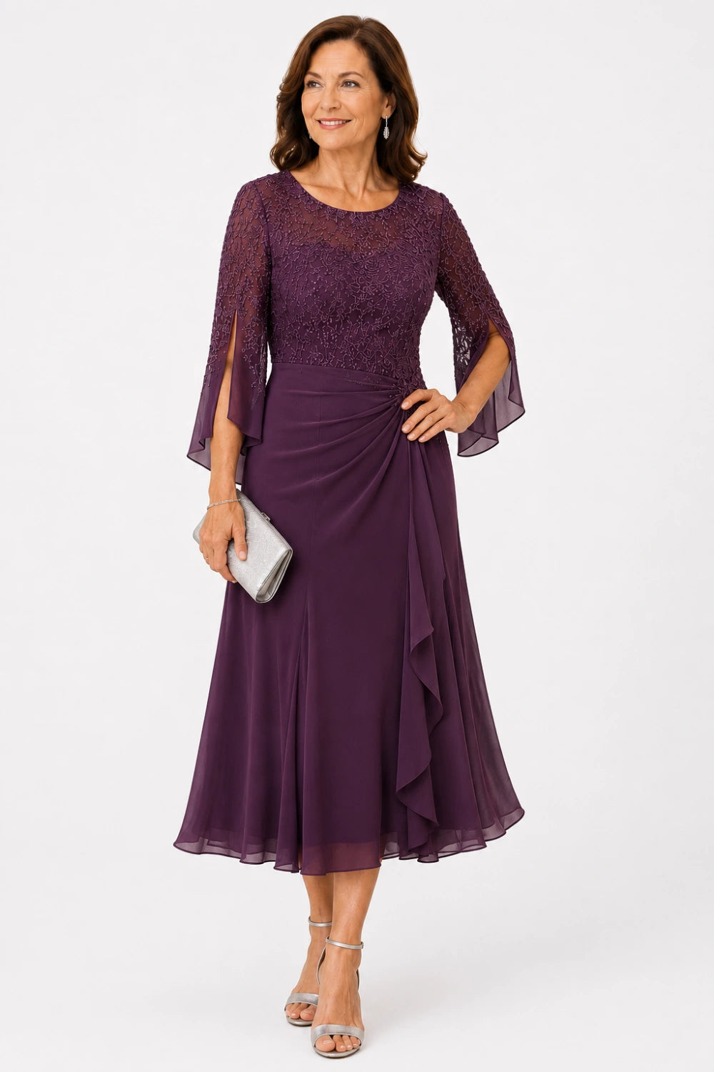 Lace Bodice Ruched-Waist Midi Dress with Ruffle Skirt