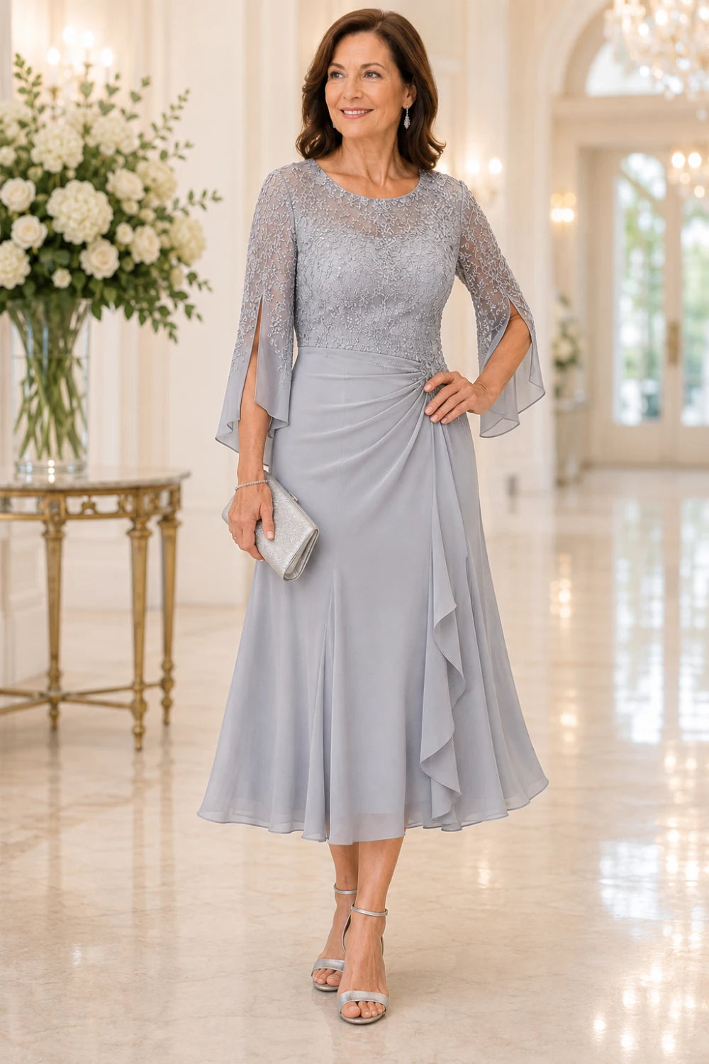 Lace Bodice Ruched-Waist Midi Dress with Ruffle Skirt