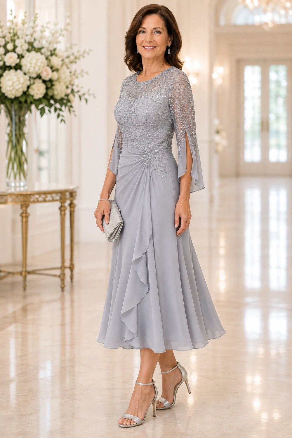 Lace Bodice Ruched-Waist Midi Dress with Ruffle Skirt