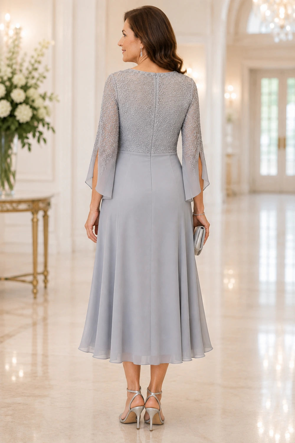 Lace Bodice Ruched-Waist Midi Dress with Ruffle Skirt