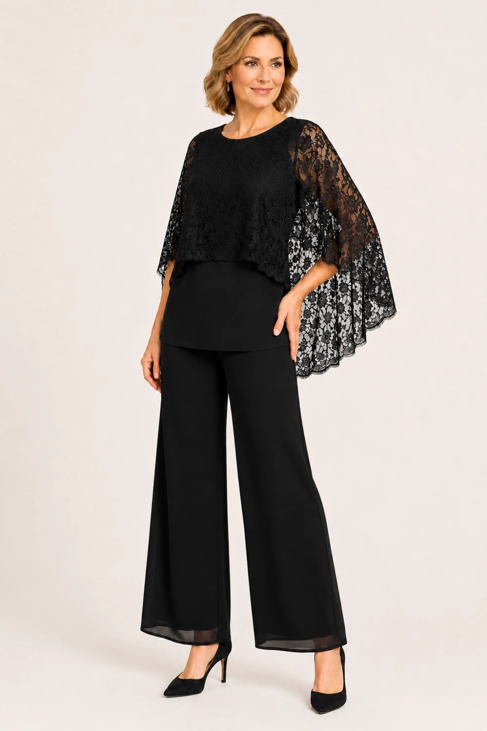 Lace Cape Mother of the Bride Pant Suit with Wide Legs