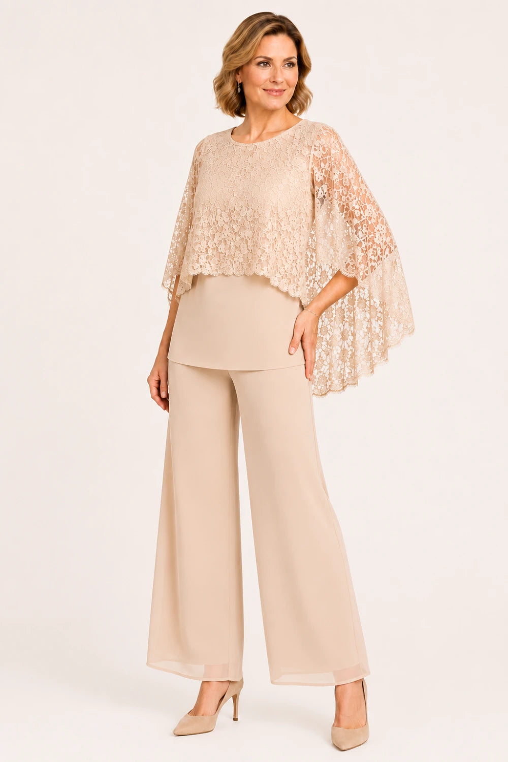Lace Cape Mother of the Bride Pant Suit with Wide Legs