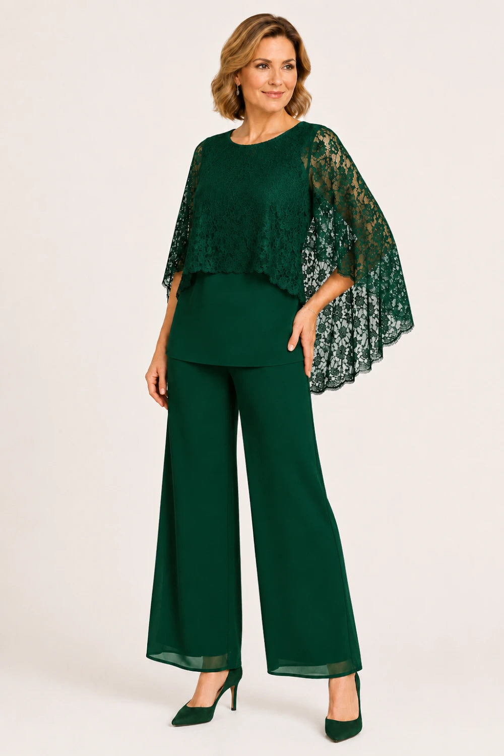 Lace Cape Mother of the Bride Pant Suit with Wide Legs