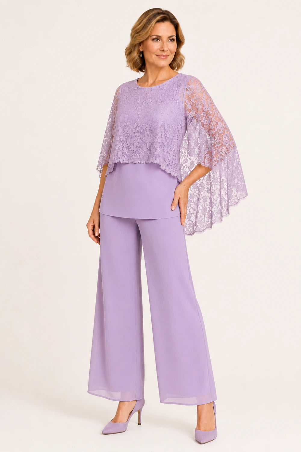 Lace Cape Mother of the Bride Pant Suit with Wide Legs