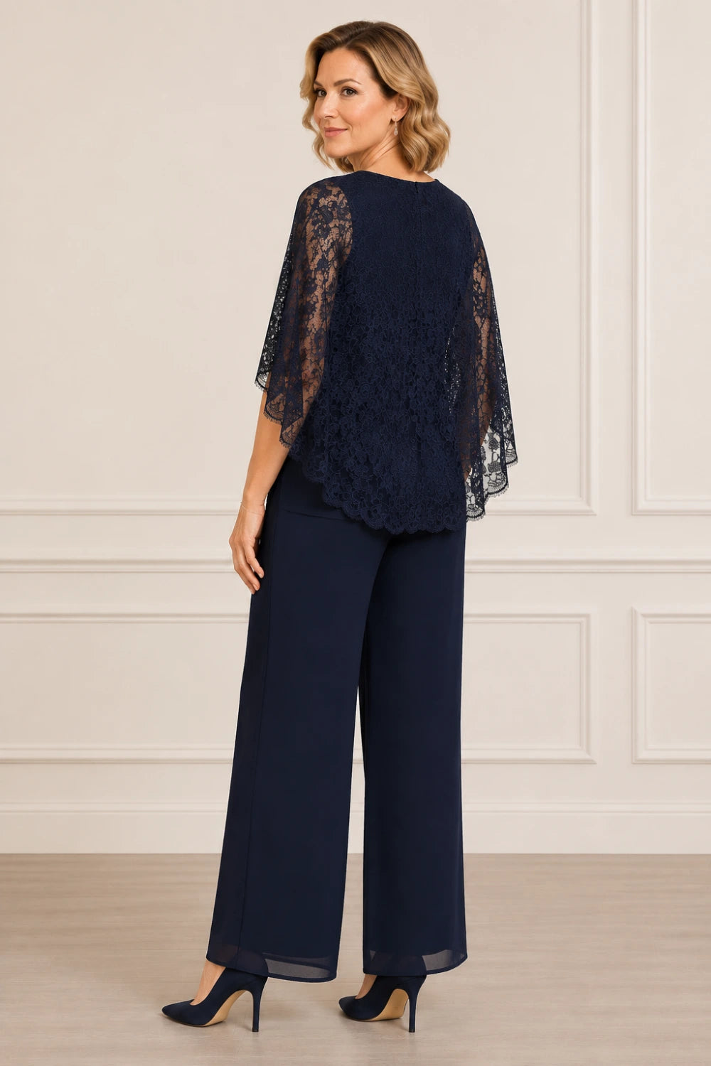 Lace Cape Mother of the Bride Pant Suit with Wide Legs