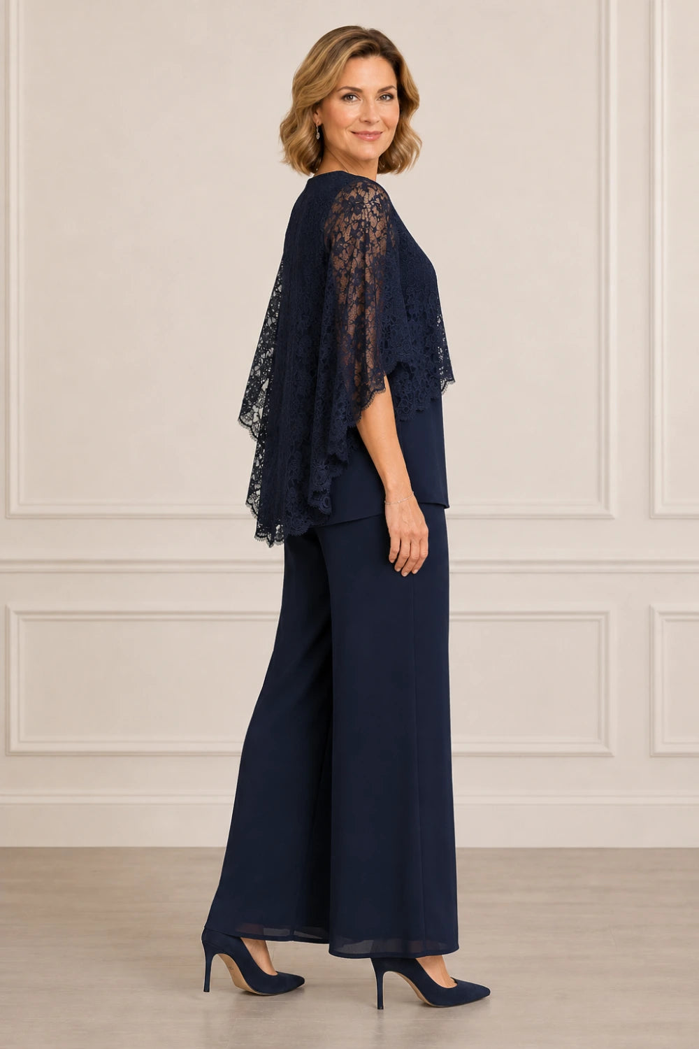 Lace Cape Mother of the Bride Pant Suit with Wide Legs