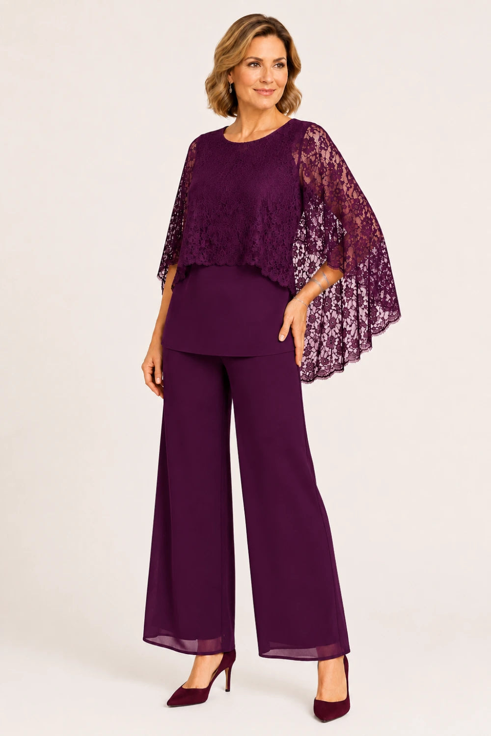 Lace Cape Mother of the Bride Pant Suit with Wide Legs