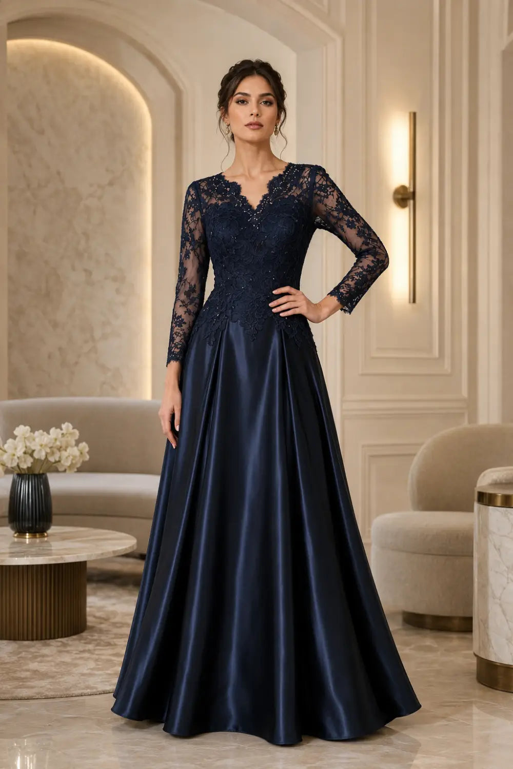 Lace Long Sleeve A-Line Formal Gown