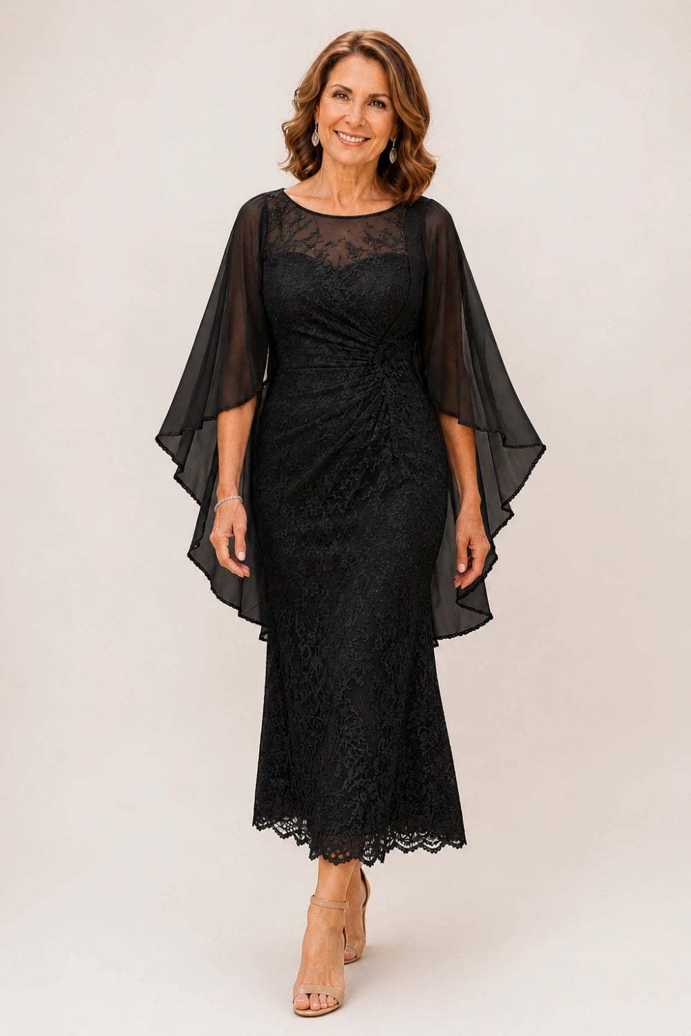 Lace Midi Dress with Tiered Sheer Cape Sleeves